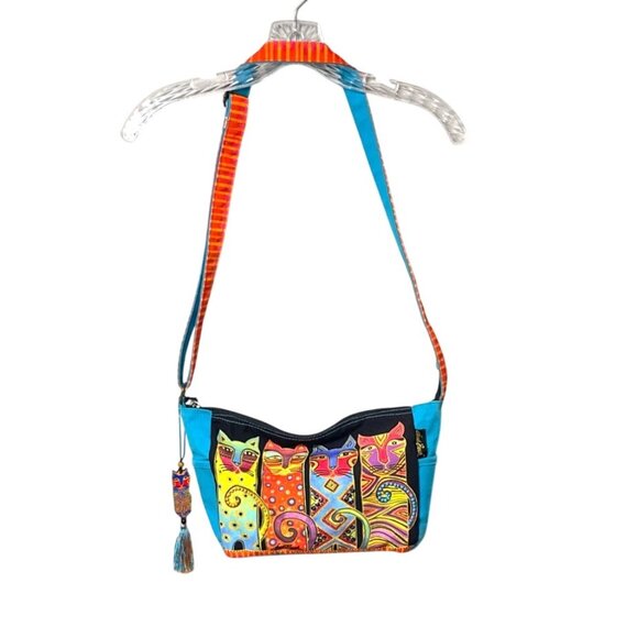 Laurel Burch Vibrant Cats Crossbody Bag Tassel Charm Beaded Sequins Art to Wear - Picture 2 of 10